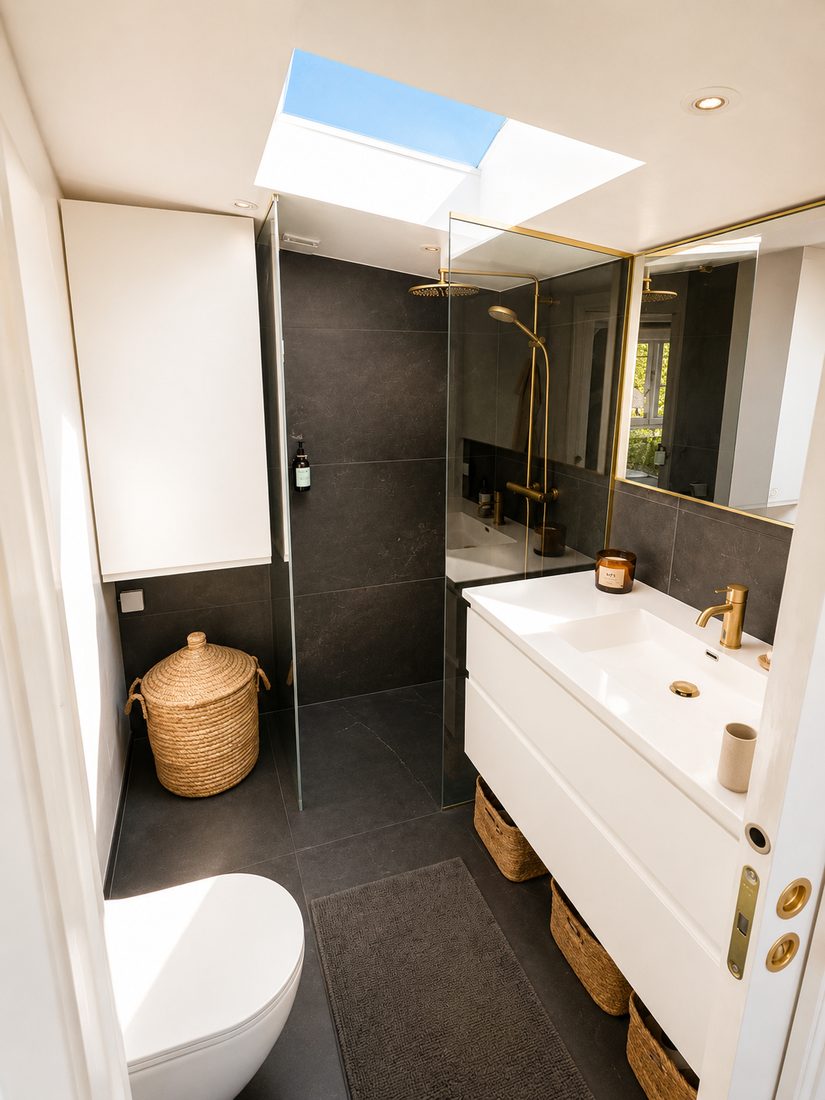 Badeværelse med walk-in bruser, sorte fliser og messingarmatur — Havehuset