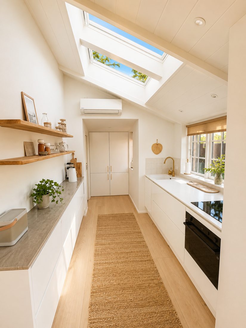 Moderne køkken med Velux ovenlys og hvide fronter — Havehuset