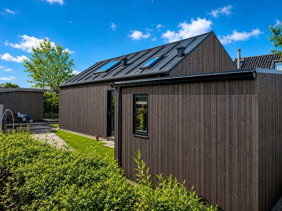 Facade og tag med Velux ovenlys set fra haven — Koøjet