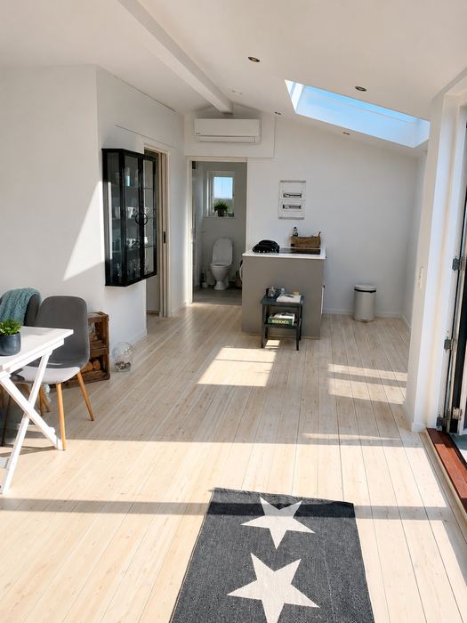 Åbent opholdsrum med Velux ovenlys og terrassedør — Pergolahuset