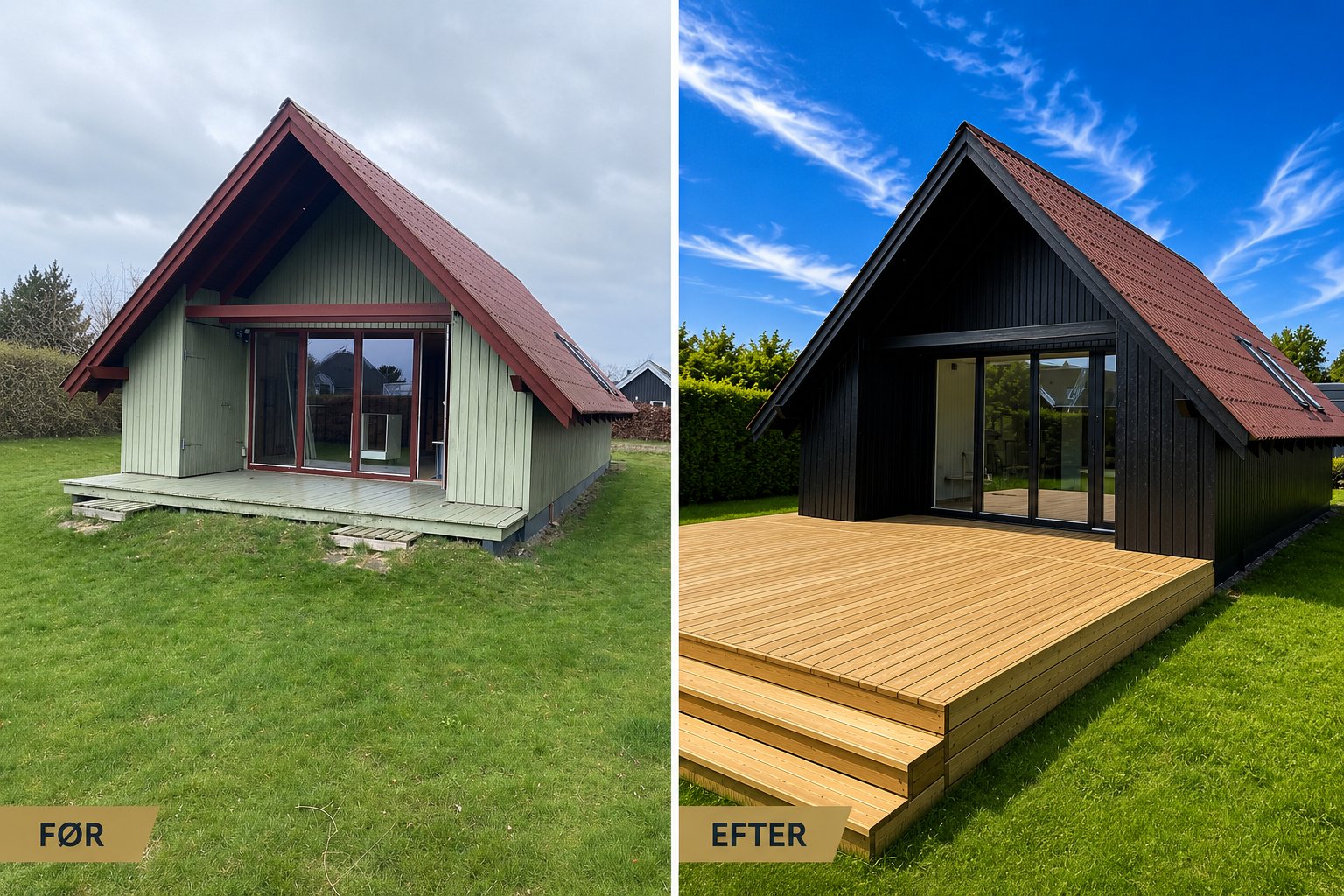A-huset før og efter: facade og terrasse — fra grøn til sort med ny træterrasse