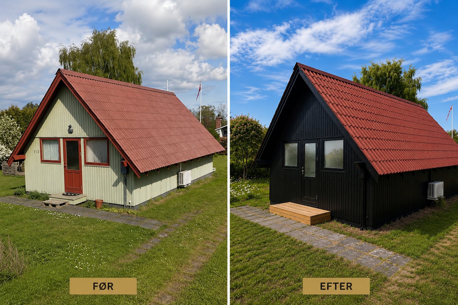 A-huset før og efter: indgangssiden — fra grøn til sort træfacade