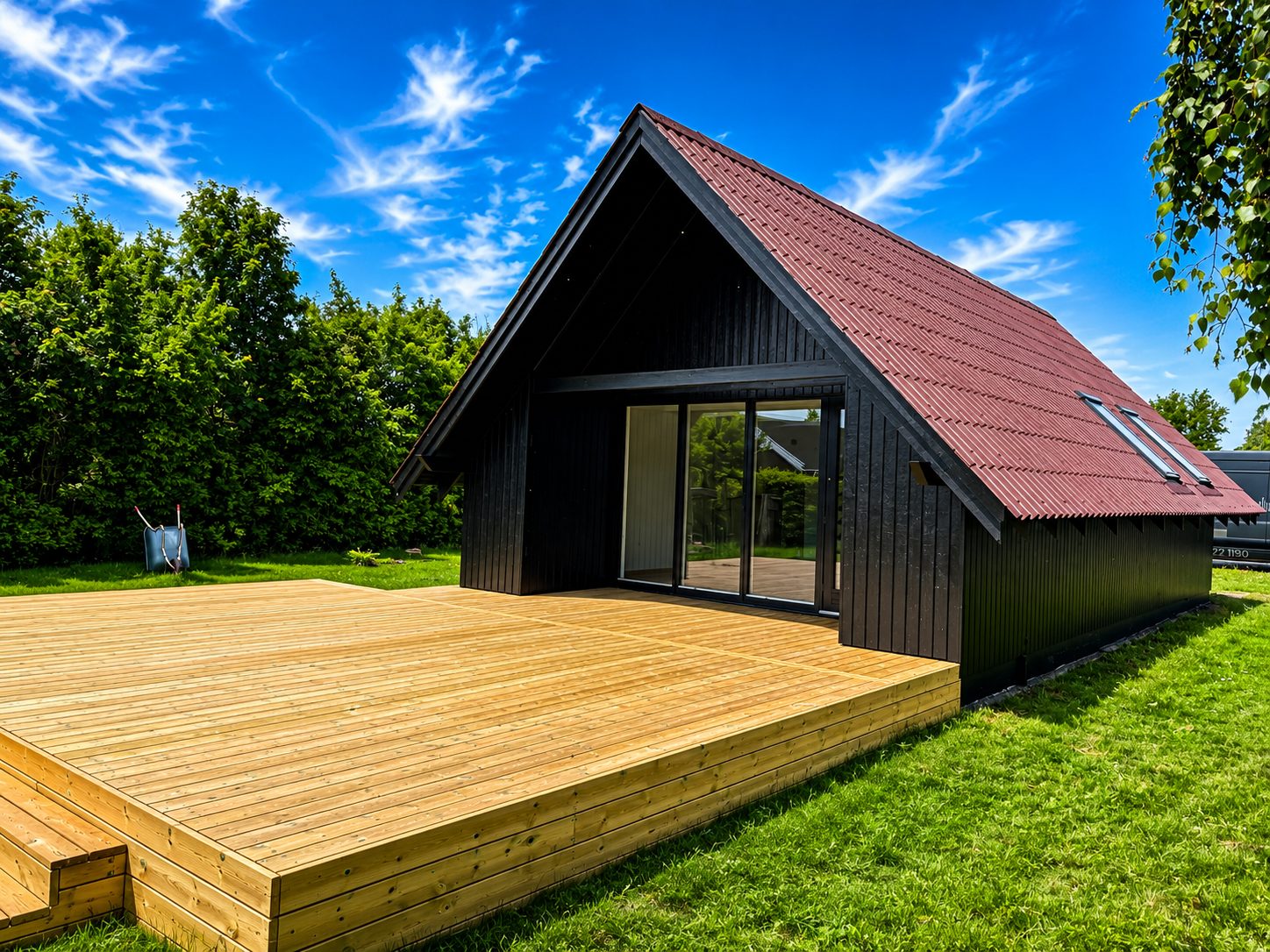 Sort sommerhus med rødt tegltag og stor ny træterrasse set fra siden med glasgavl