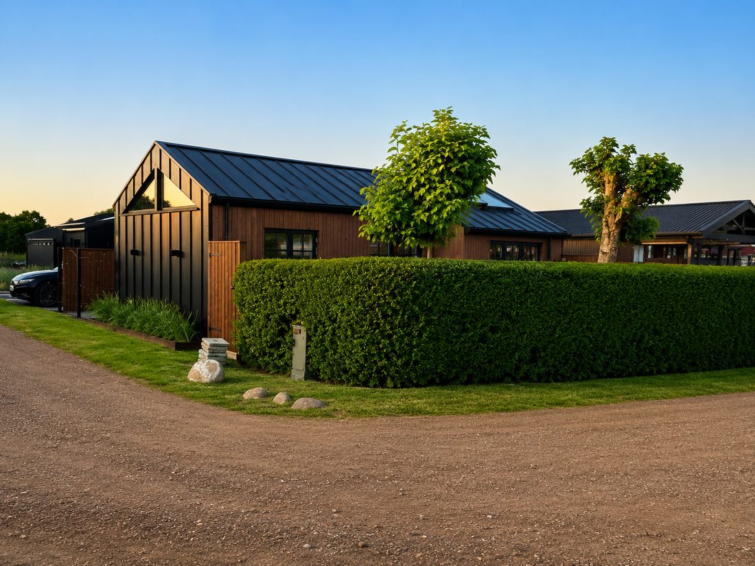 Sommerhuset i aftenlys med klippet hæk og sort metaltag — Havehuset