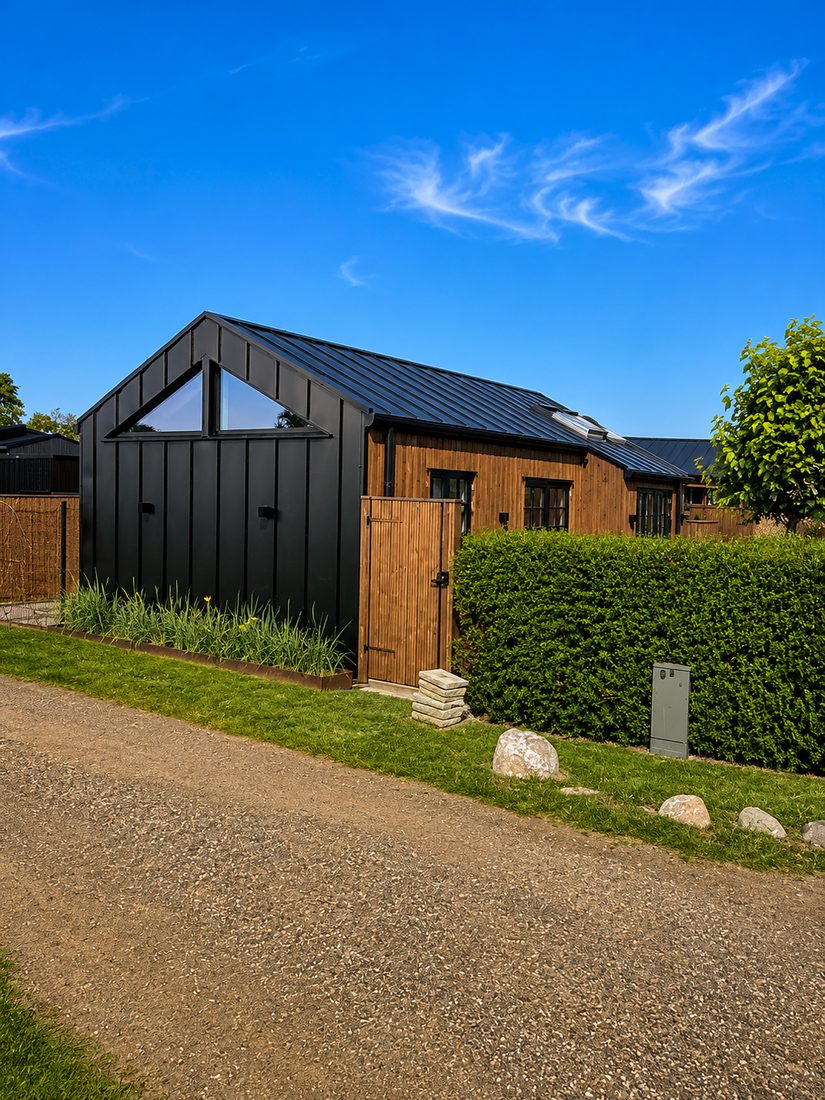 Sort træfacade med skråt panoramavindue set fra grusvejen — Havehuset