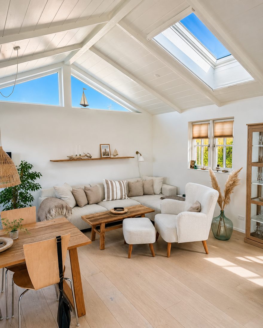 Lyst opholdsrum med Velux ovenlys og trekantvinduer — Havehuset