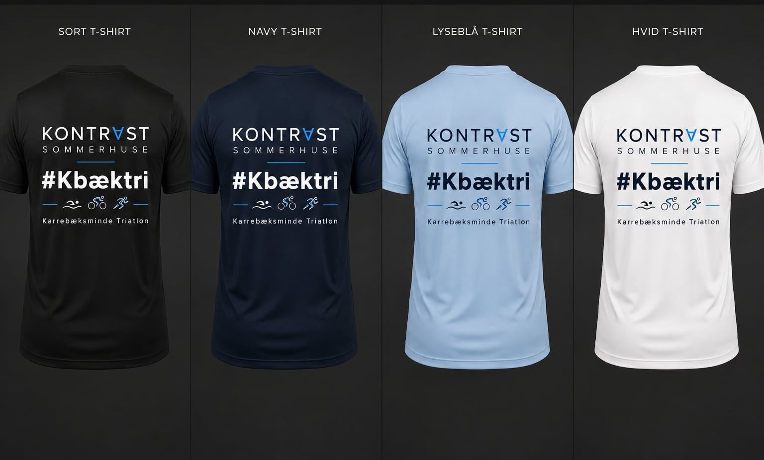Kontrast Sommerhuse t-shirts til Karrebæksminde Triatlon med #Kbæktri-rygtryk i sort, navy, lyseblå og hvid