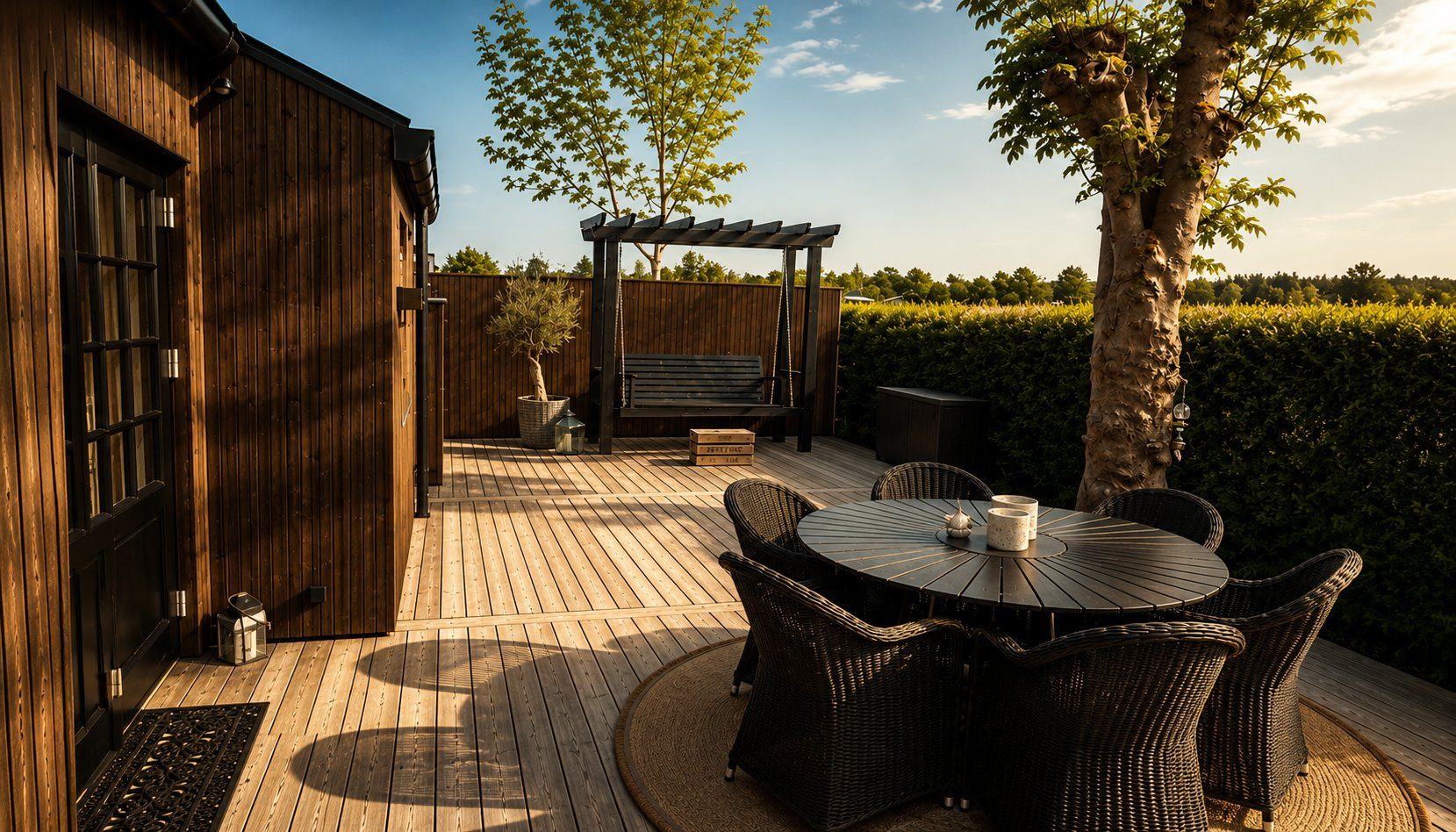Stor træterrasse ved et Kontrast-sommerhus med pergola, gyngebænk og havemøbler i aftensol
